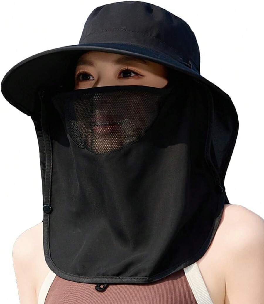 Women Wide Brim Sun Hat With F - مراجعة Fishing Mask Sun Protection وسعره